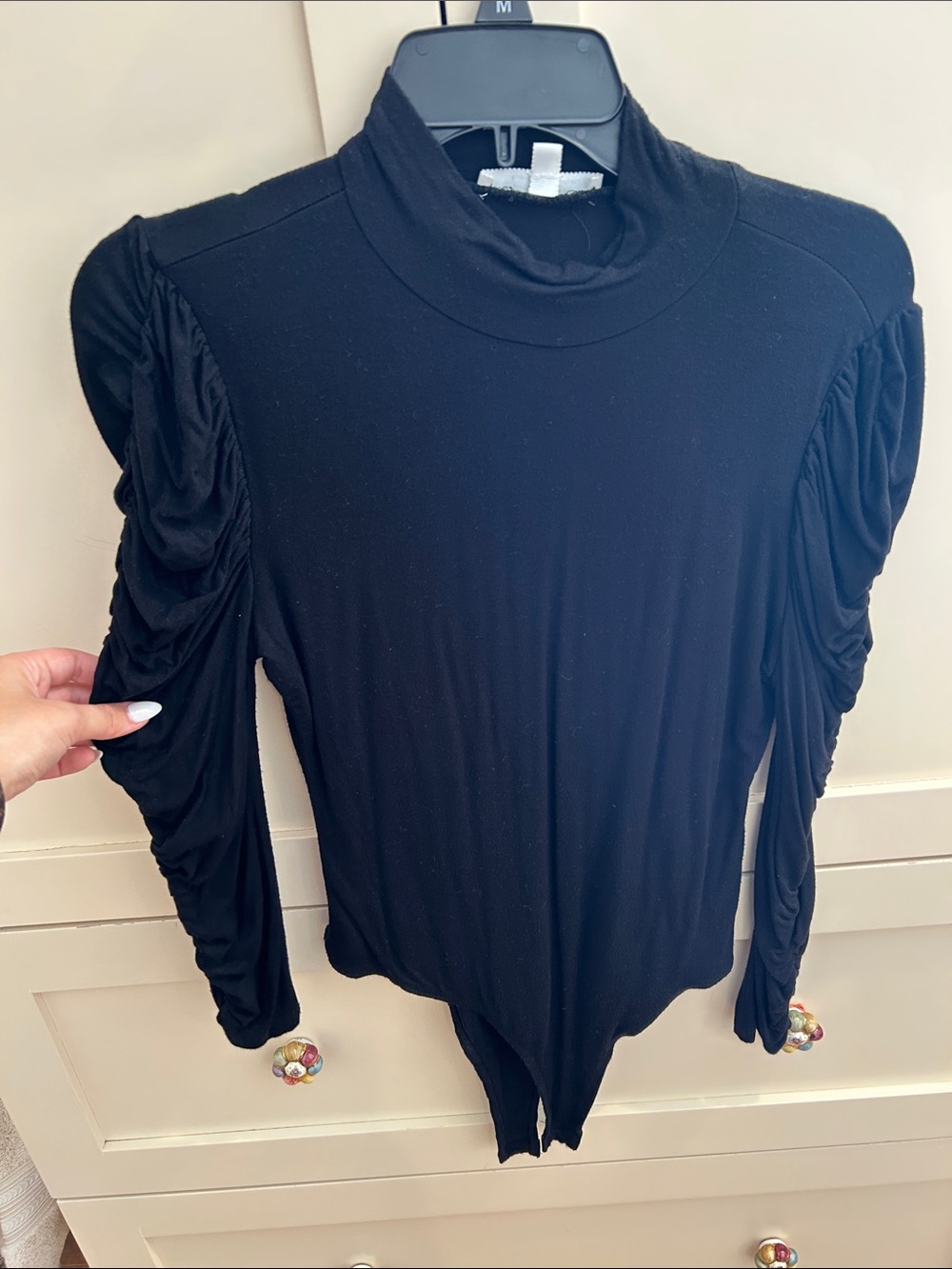 Love Tree Black Ruched-Sleeve Mock Neck Bodysuit